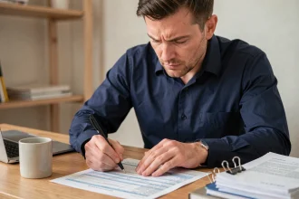Homme concentré remplissant le formulaire fiscal 3916 BIS à son bureau à domicile