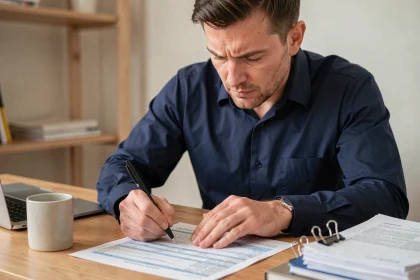 Homme concentré remplissant le formulaire fiscal 3916 BIS à son bureau à domicile