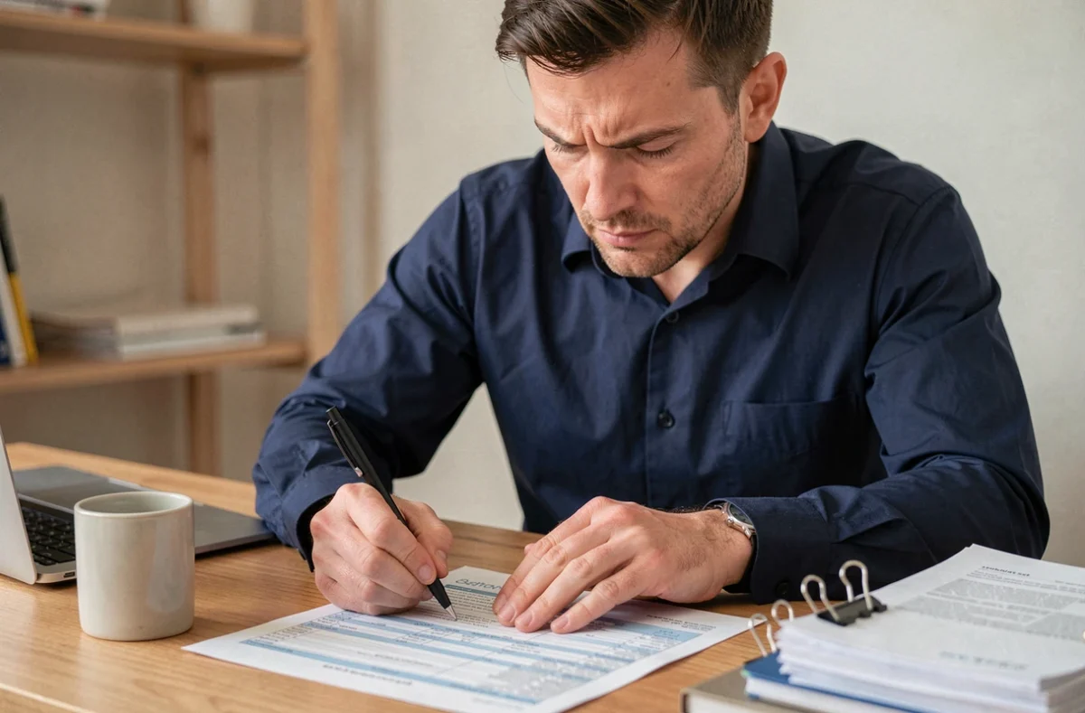 Homme concentré remplissant le formulaire fiscal 3916 BIS à son bureau à domicile