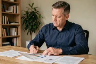 Homme consultant des documents financiers sur les revenus SCPI à son bureau à domicile