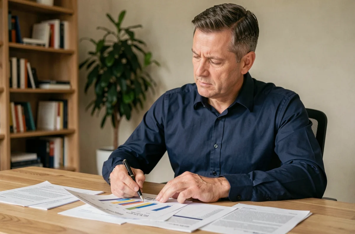 Homme consultant des documents financiers sur les revenus SCPI à son bureau à domicile