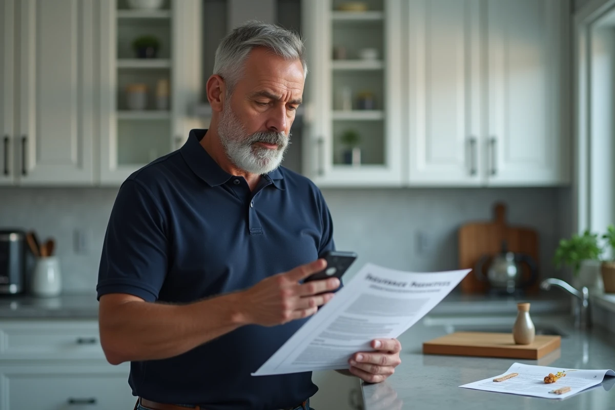 Homme tenant un smartphone cassé et un formulaire d'assurance ECA pour constituer son dossier de réclamation