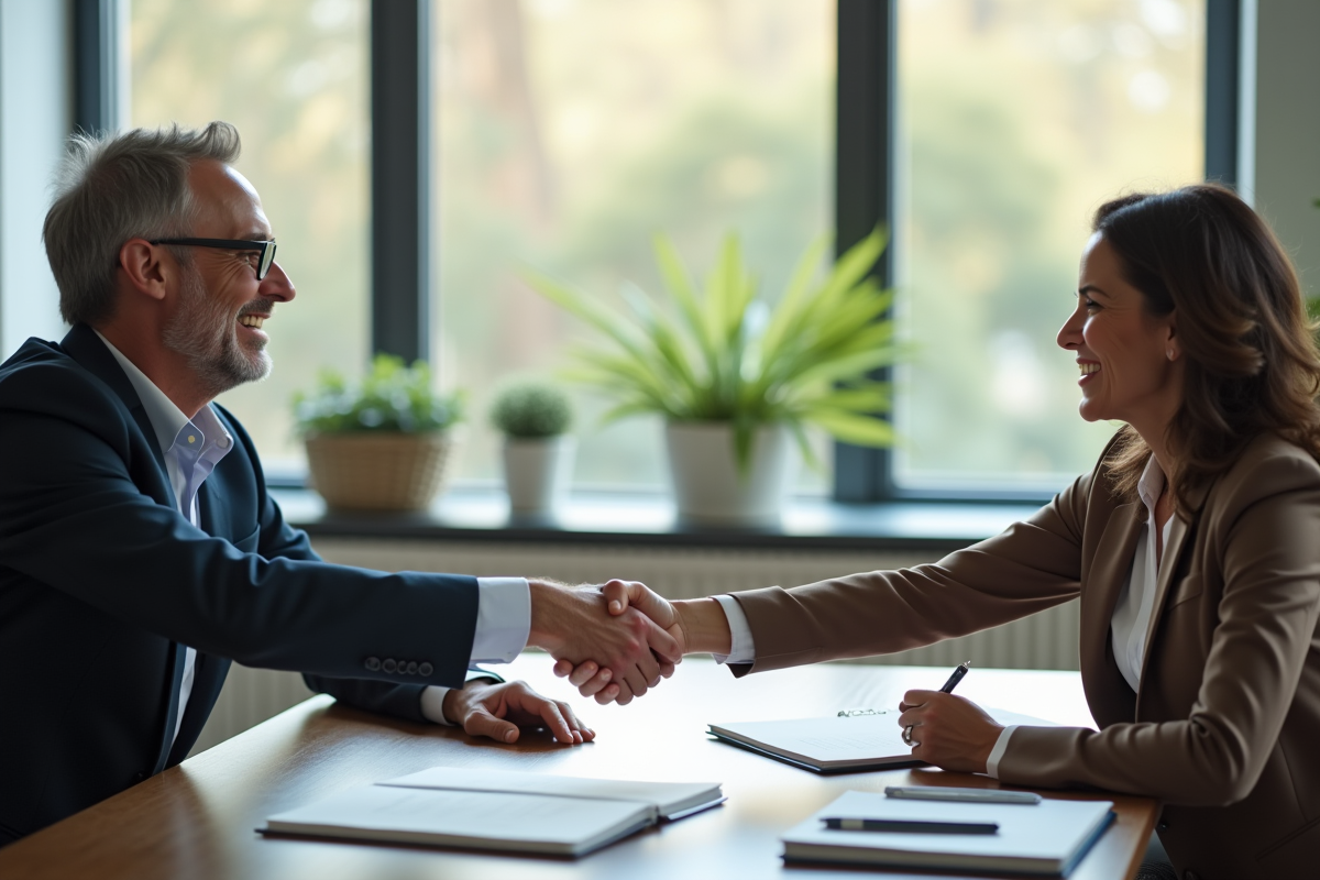 Homme d age moyen serre la main d un conseiller dans un bureau lumineux