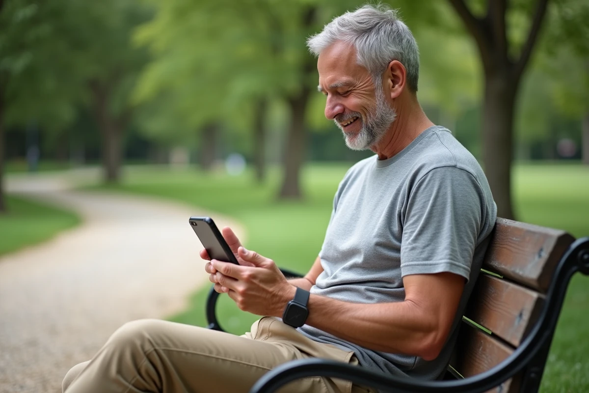 Homme consultant les statistiques de marche et de gains sur une application mobile assis dans un parc