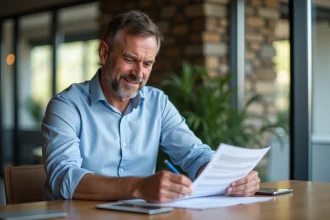 Homme suisse en tenue professionnelle examine un relevé de salaire
