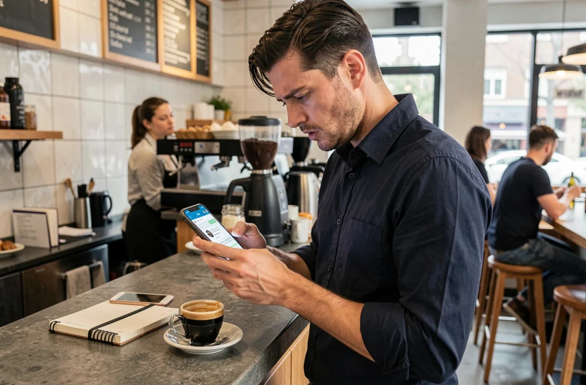 Homme frustré consultant le support Lydia sur son téléphone dans un café urbain