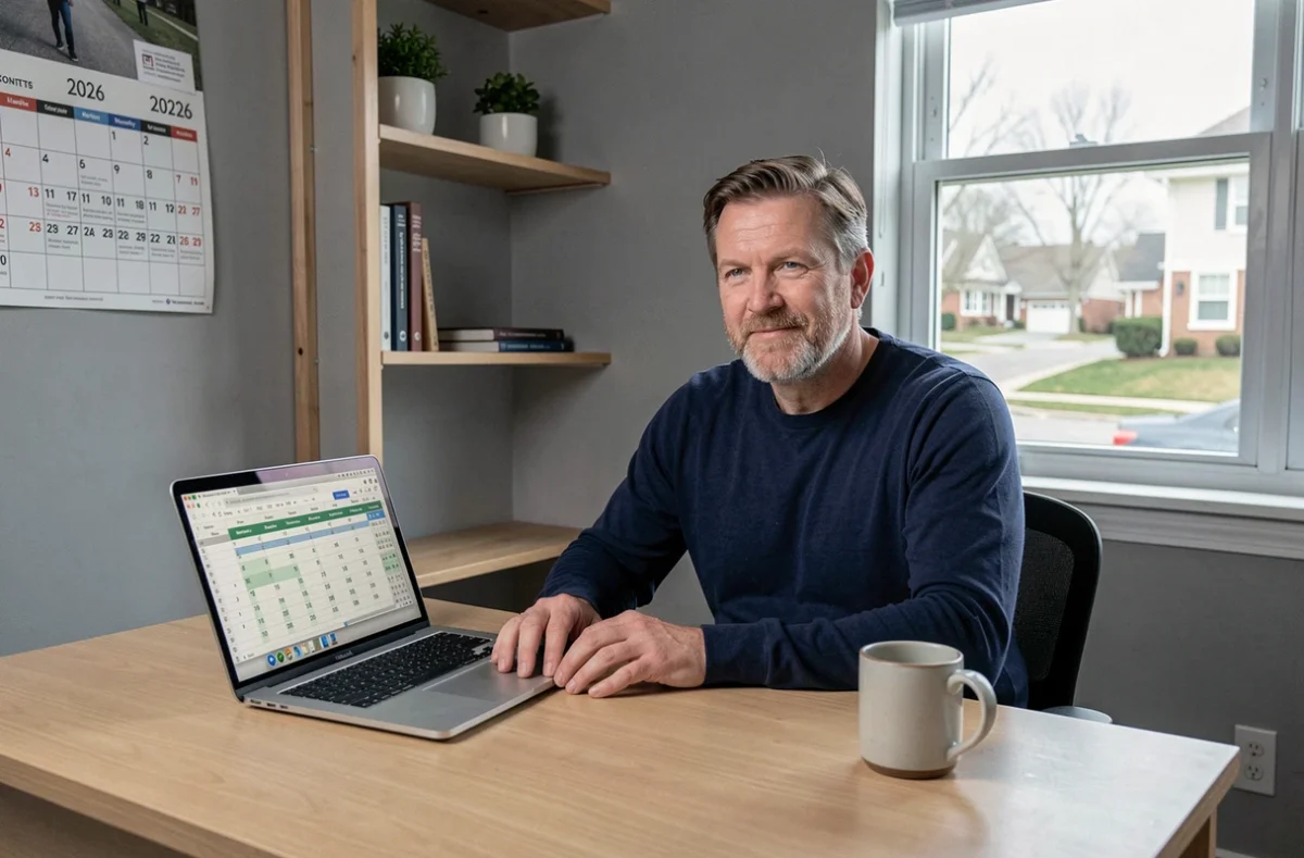 Homme consultant un tableau de bord financier sur ordinateur portable dans un bureau à domicile, avec calendrier 2026 pour organiser les paiements de pension d'invalidité