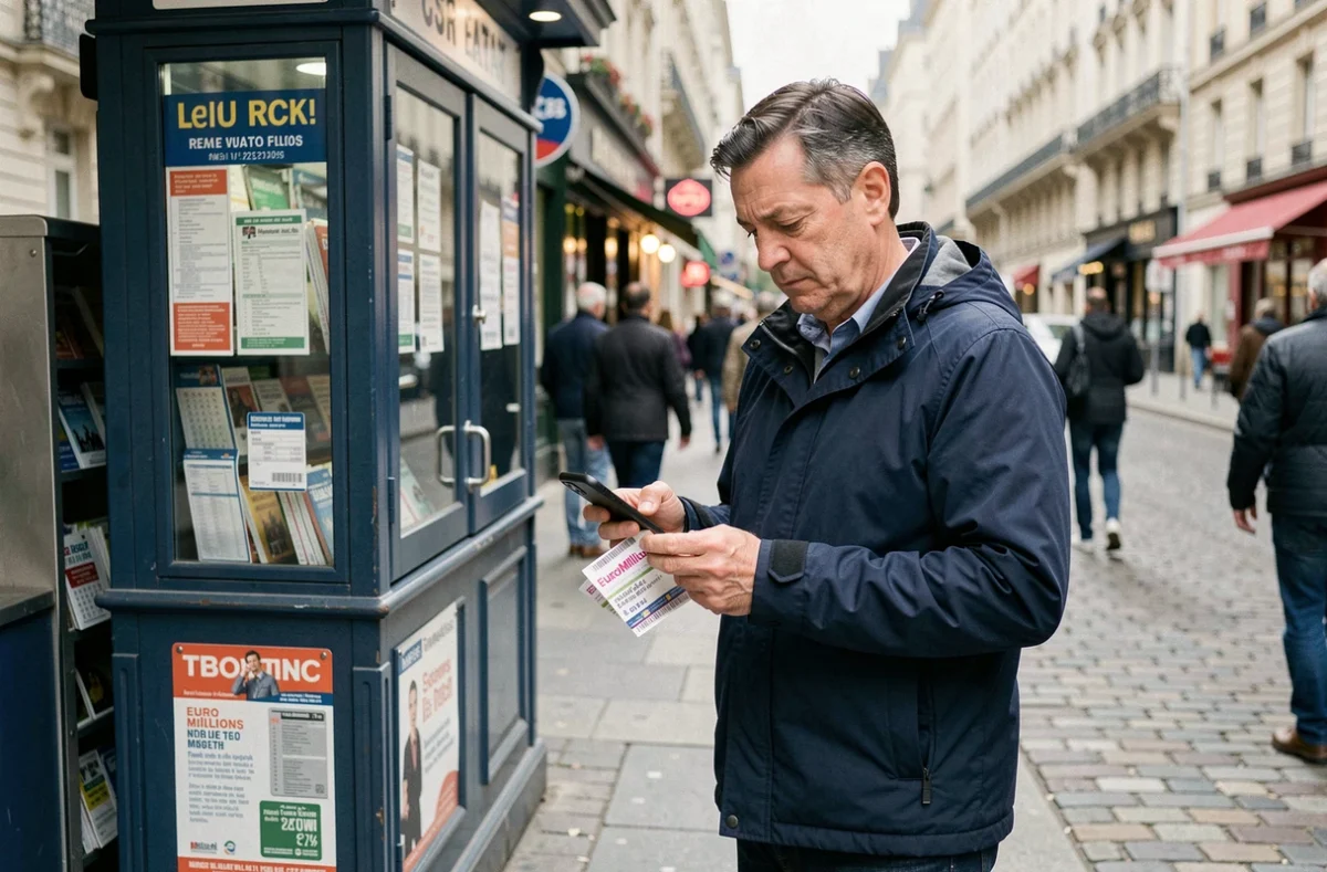 Un homme vérifie ses tickets EuroMillions sur son téléphone devant un kiosque de loterie en pleine ville