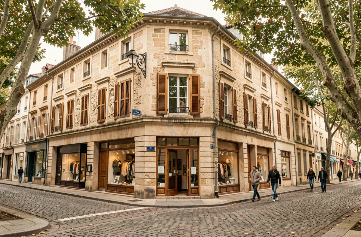 Immeuble commercial en pierre dans une ville du centre de la France représentant un actif immobilier typique d'une SCPI régionale comme Vendôme Région