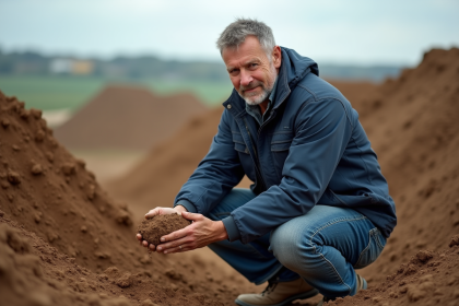 Ingénieur examinant la terre argileuse en chantier rural