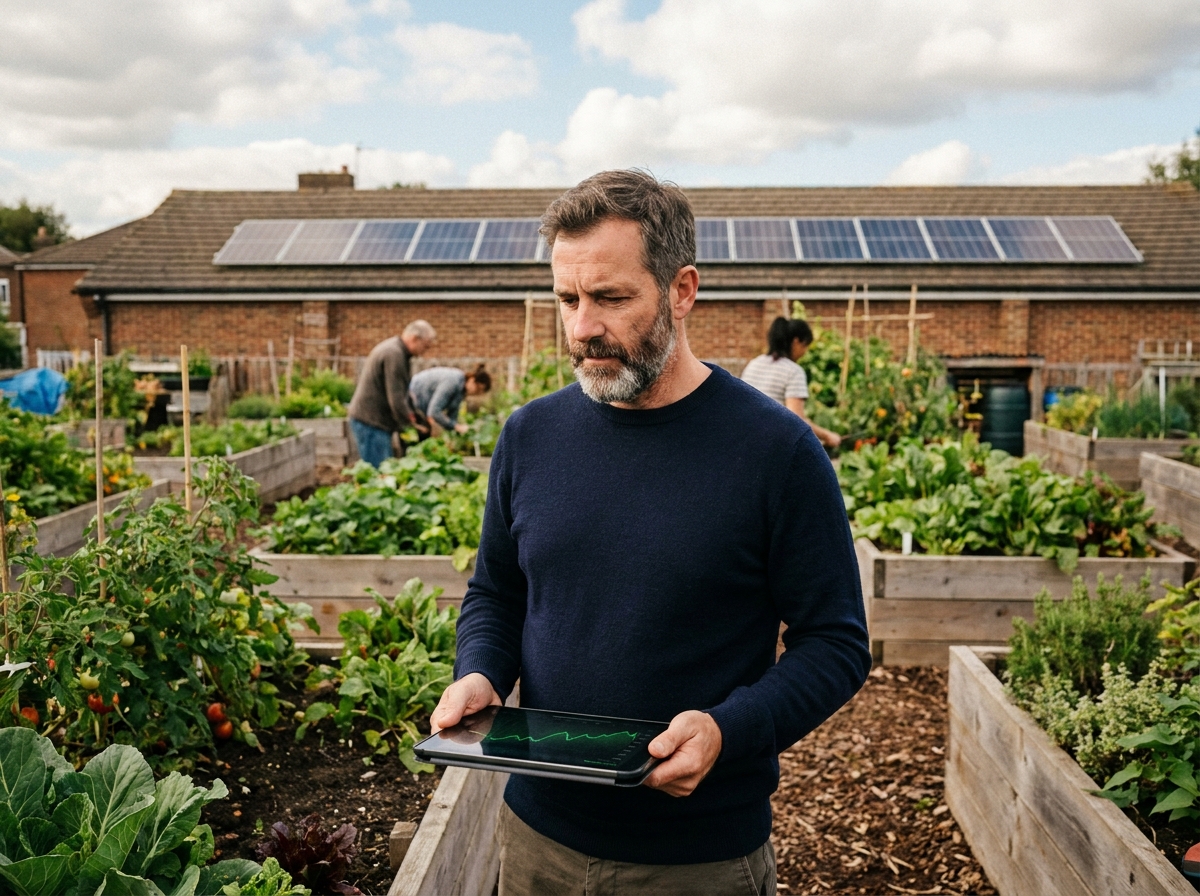 Homme dans un jardin urbain consulant un portefeuille d'investissement durable avec des panneaux solaires en arrière-plan