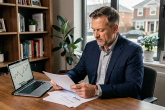 Homme d'affaires comparant des investissements SCPI et immobilier direct sur son bureau à domicile