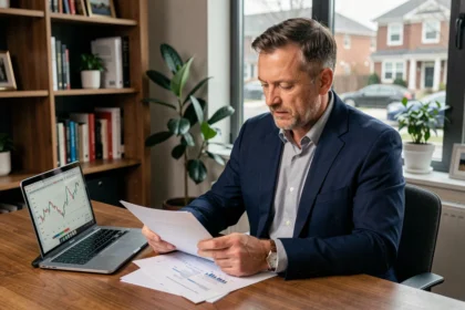 Homme d'affaires comparant des investissements SCPI et immobilier direct sur son bureau à domicile
