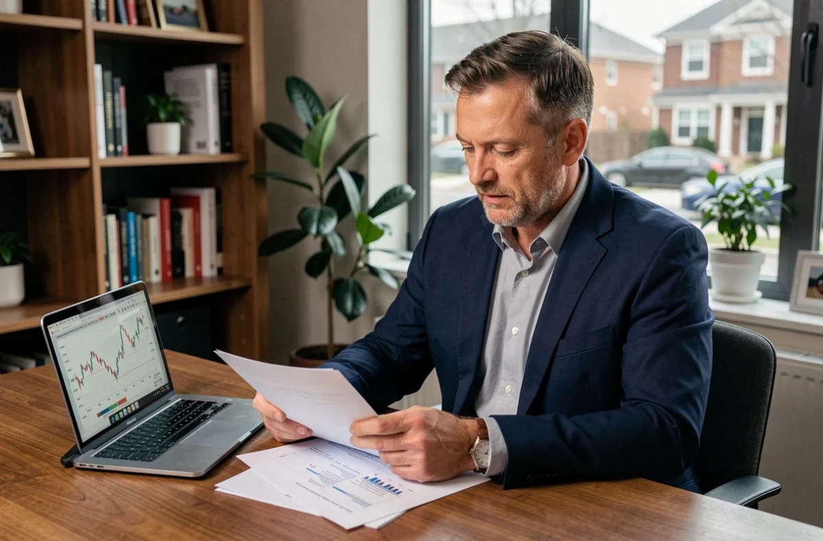 Homme d'affaires comparant des investissements SCPI et immobilier direct sur son bureau à domicile