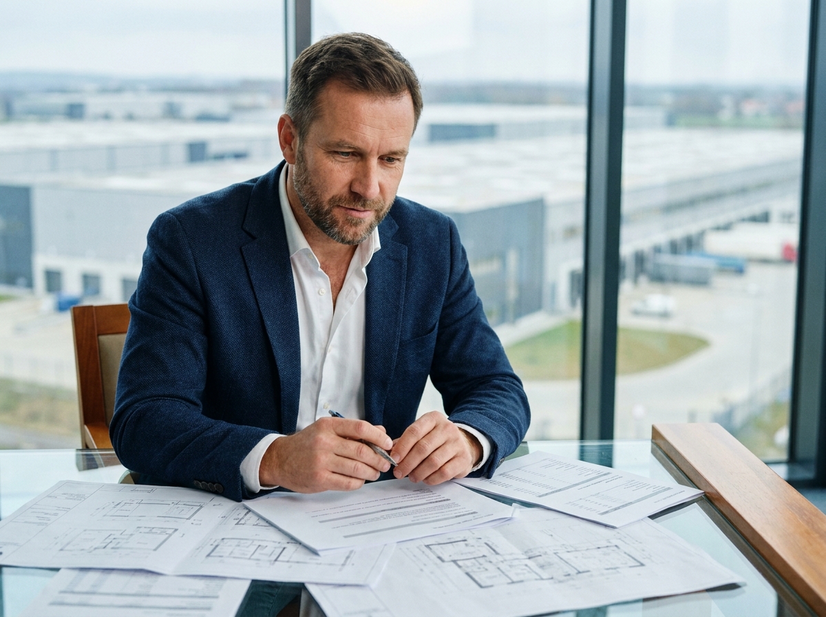 Investisseur immobilier analysant des documents financiers avec vue sur un entrepôt logistique moderne