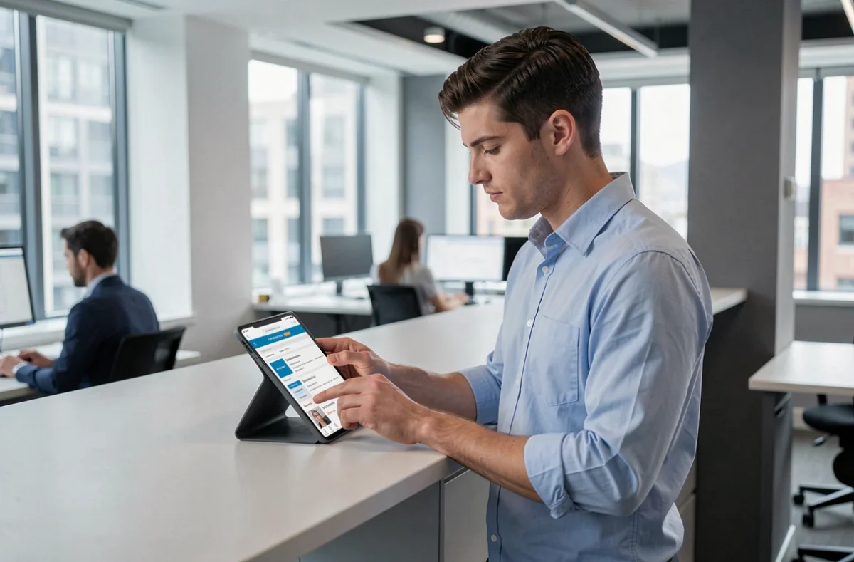 Jeune actif comparant les prix de mutuelles santé sur tablette dans un bureau moderne