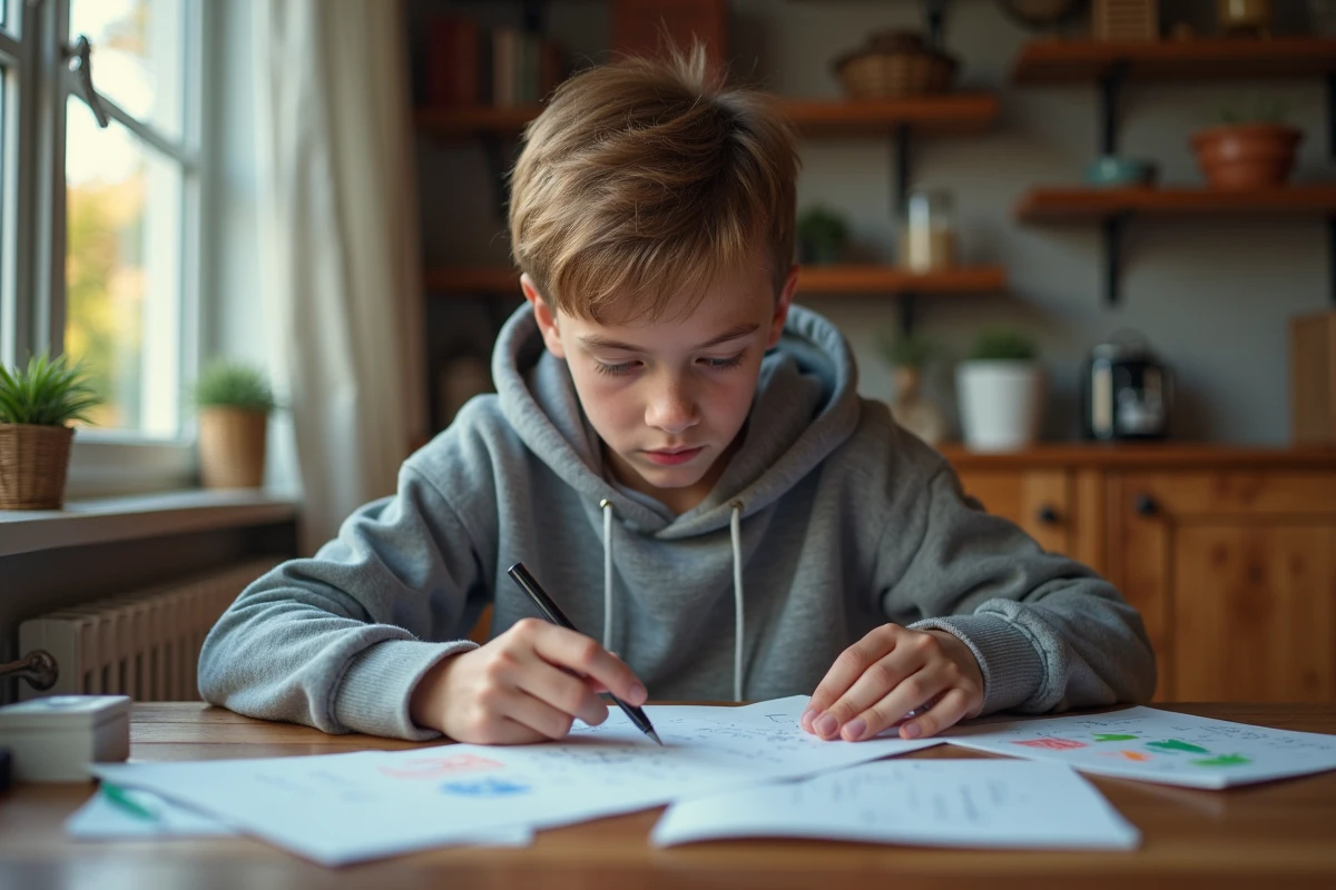 Adolescent organisé avec ses notes de cours à la maison