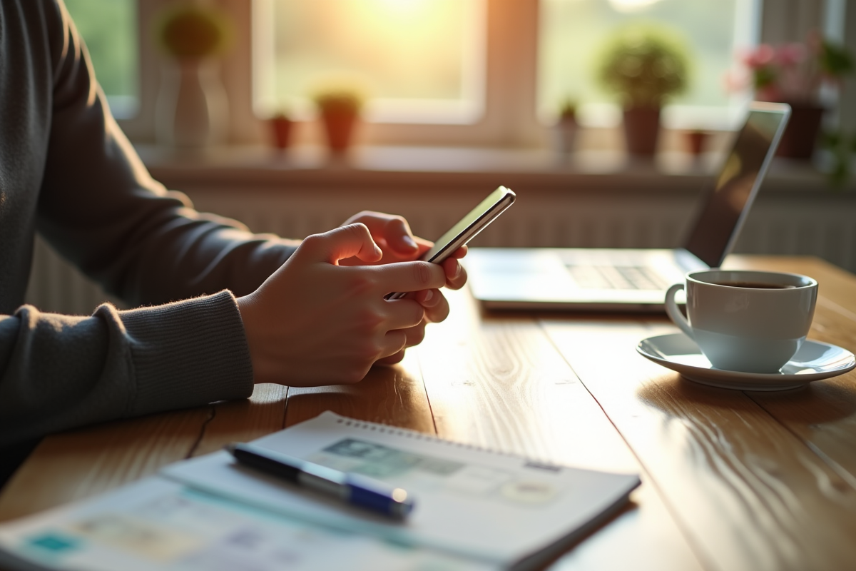 Jeune adulte utilisant une application bancaire sur smartphone à la cuisine