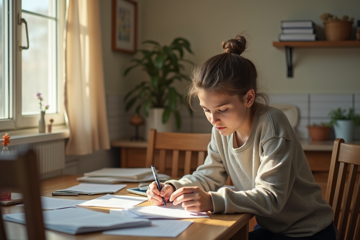 Jeune adulte triant des papiers à la maison en journée