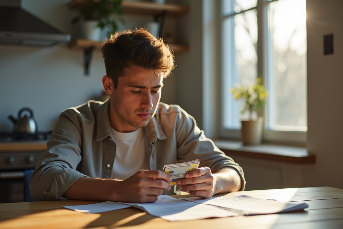 Jeune adulte inquiet examinant des cartes prépayées à la maison