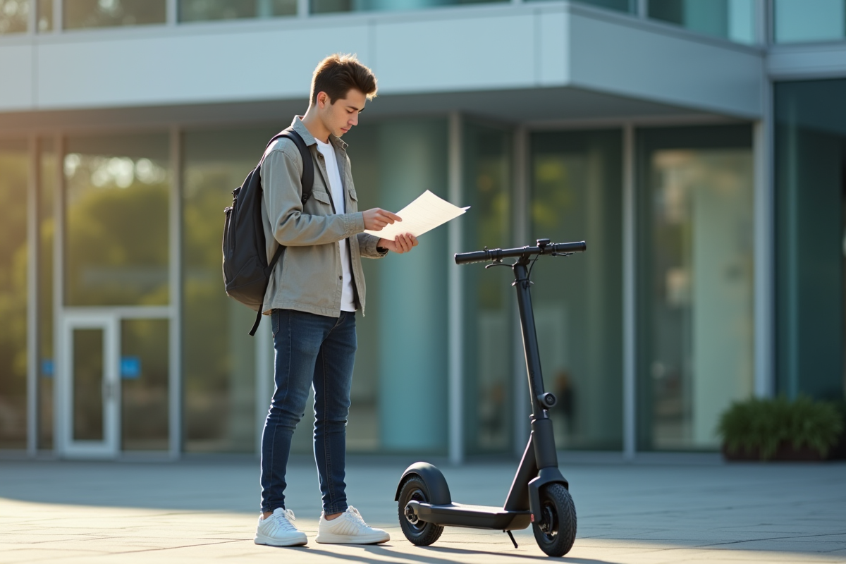 Jeune adulte avec scooter électrique examine un document dehors