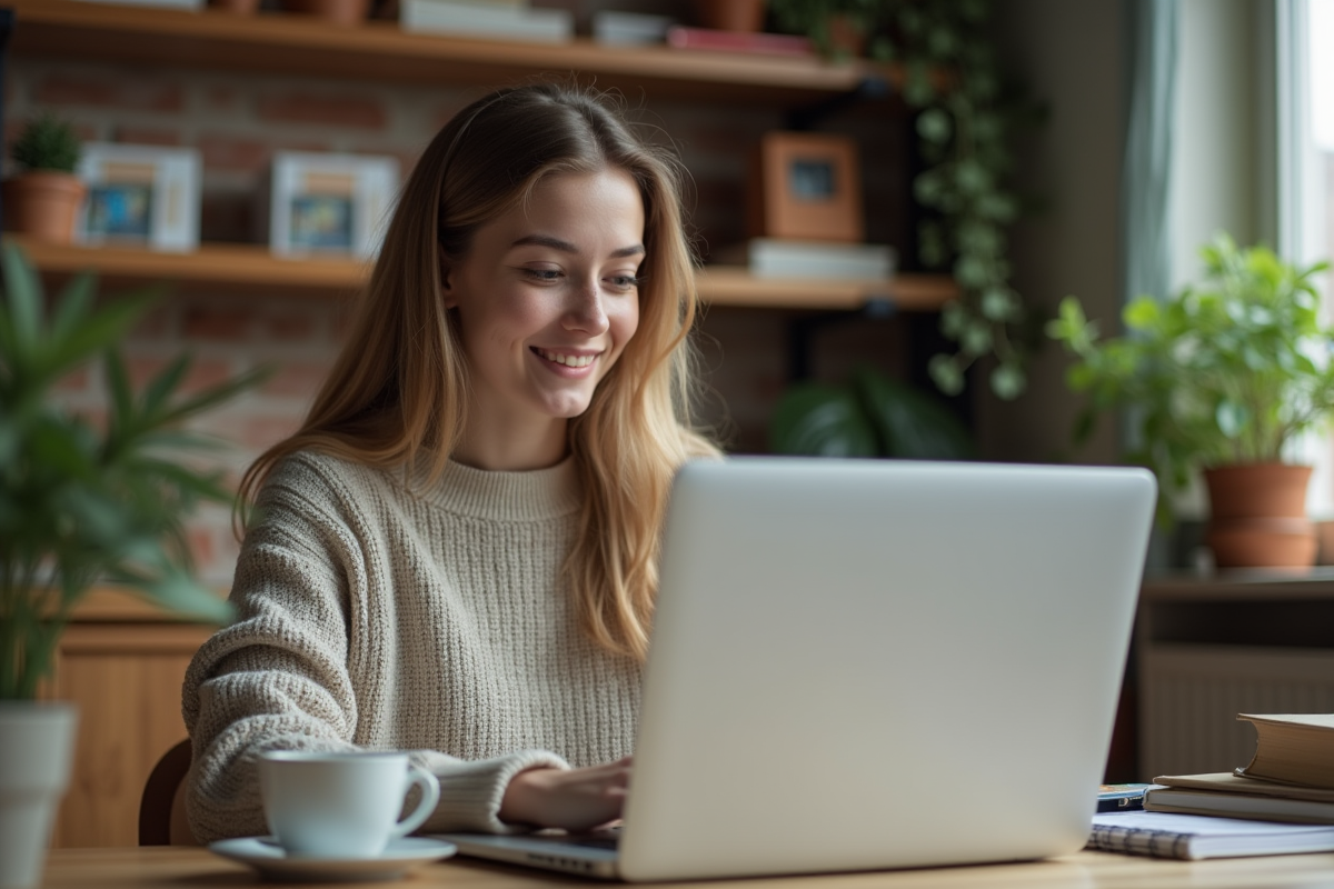 Jeune femme souriante remplissant une demande d'aide en ligne