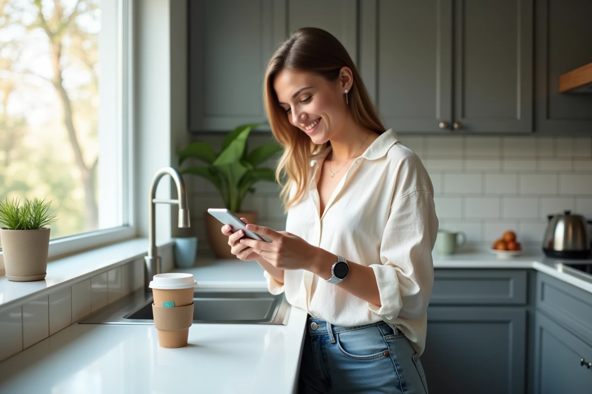 Jeune femme vérifiant ses gains sur une application de marche depuis sa cuisine le matin
