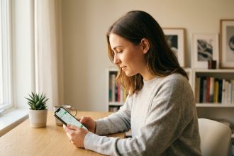 Jeune femme consultant son application Trade Republic sur smartphone pour débuter en bourse