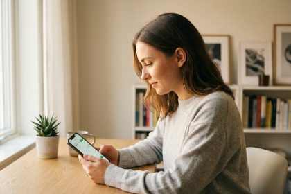 Jeune femme consultant son application Trade Republic sur smartphone pour débuter en bourse