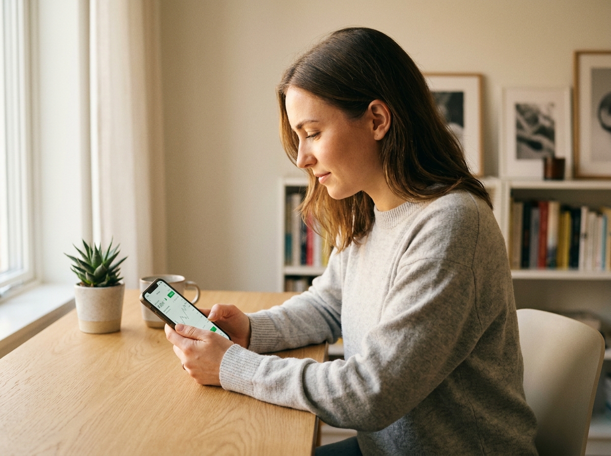 Jeune femme consultant son application Trade Republic sur smartphone pour débuter en bourse