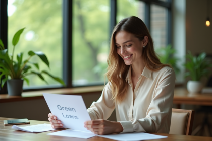 Jeune femme souriante au bureau avec documents verts