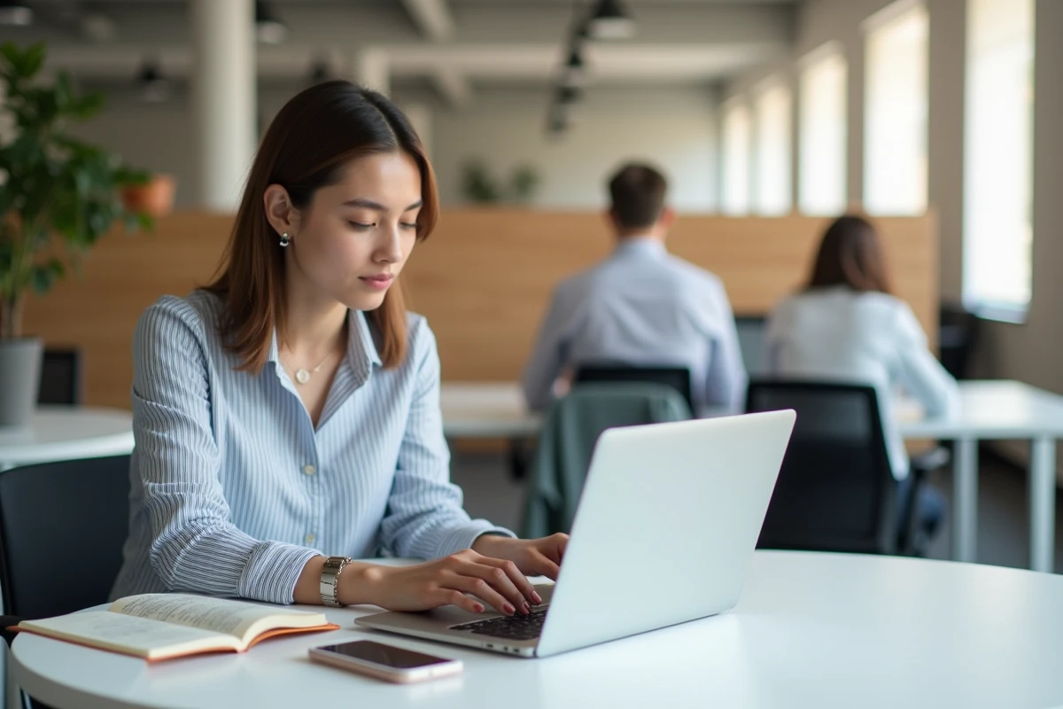 Jeune femme préparant son dossier ECA assurance téléphone sur un ordinateur portable dans un espace de coworking