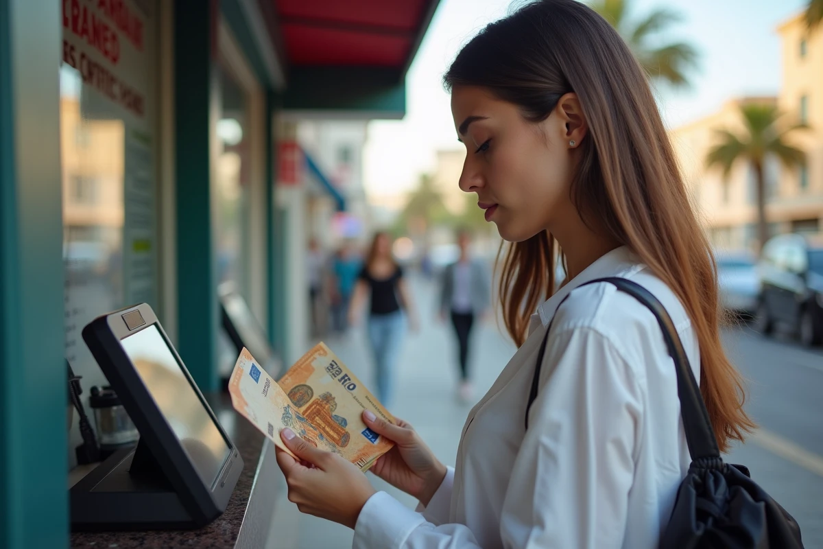 Jeune femme compare des billets de banque &agrave; un kiosque en ville