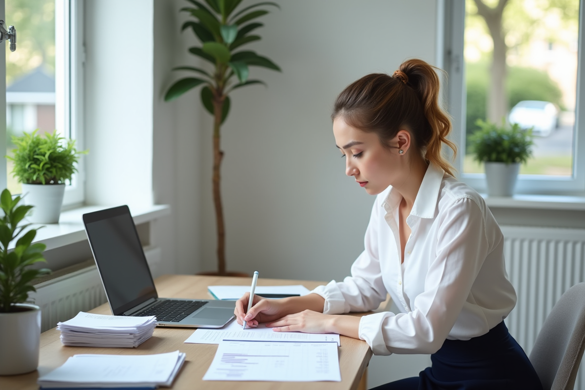 Jeune entrepreneure analysant son bilan dans un bureau à domicile