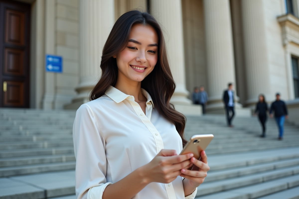 Jeune femme avec smartphone affichant un portefeuille crypto