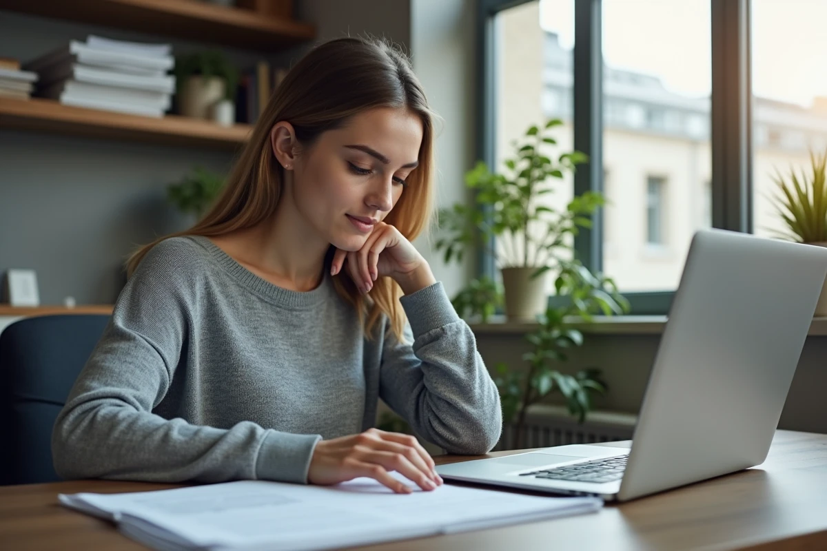 Jeune femme vérifie ses documents fiscaux au bureau