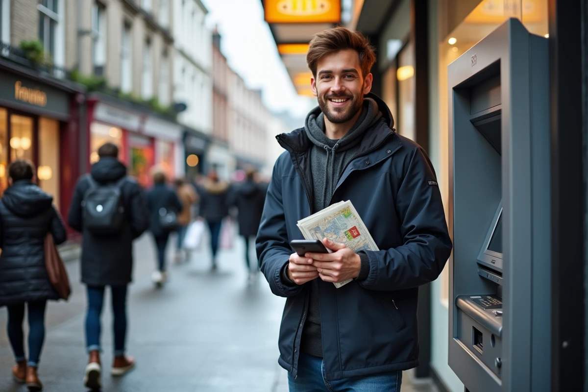 Jeune homme utilisant un distributeur à Dublin