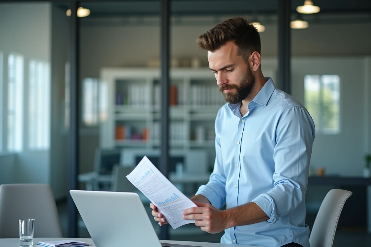 Jeune homme au bureau examinant des graphiques
