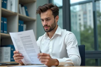 Jeune homme en bureau examinant un contrat de travail
