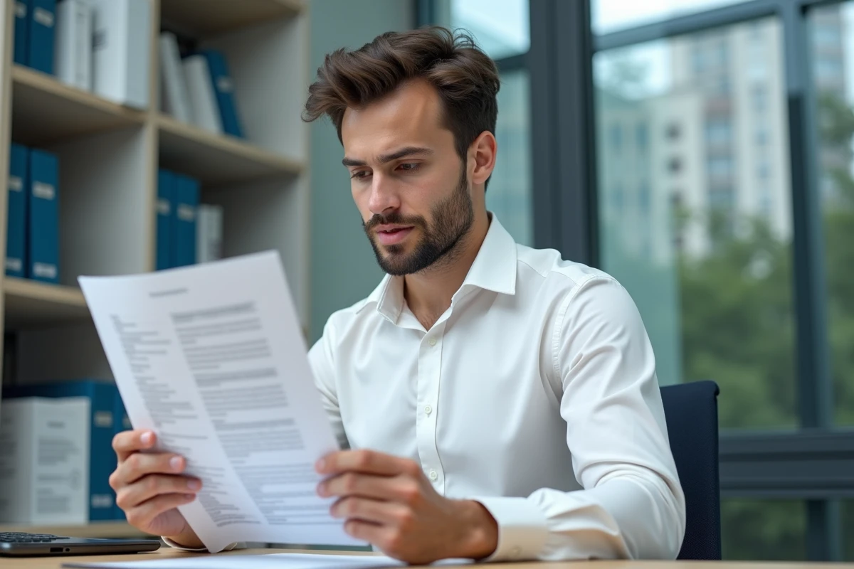 Jeune homme en bureau examinant un contrat de travail