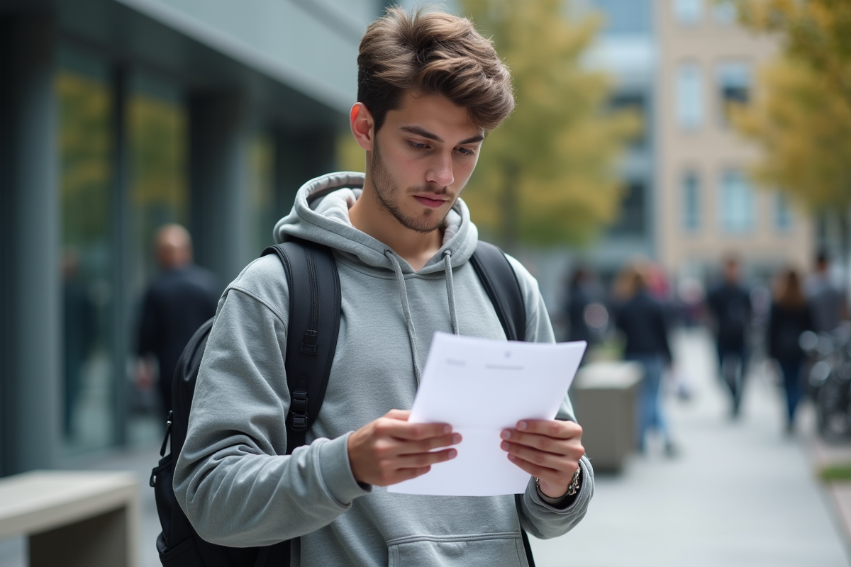 Jeune homme vérifiant un document devant un bâtiment public