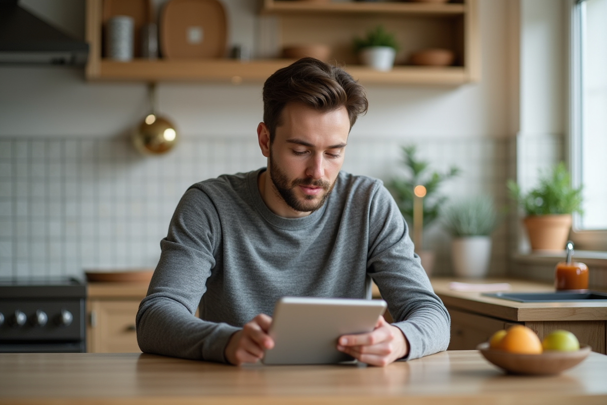 Jeune homme utilisant une calculatrice dans la cuisine