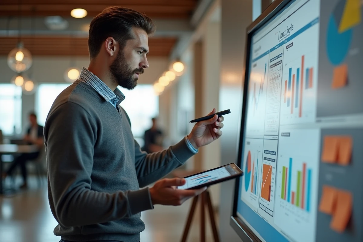 Jeune homme expliquant des graphiques financiers en coworking