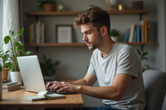 Jeune homme concentré sur son ordinateur à la maison