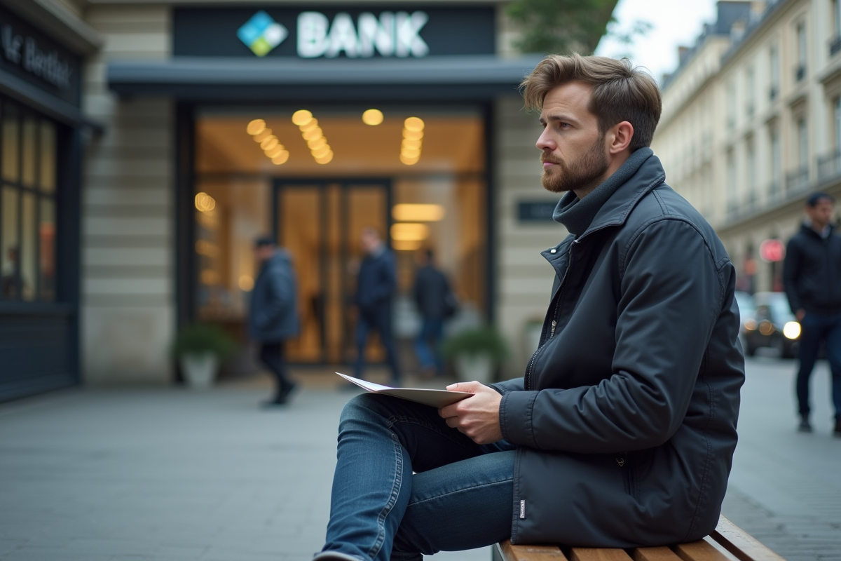Jeune homme français assis devant une banque urbaine