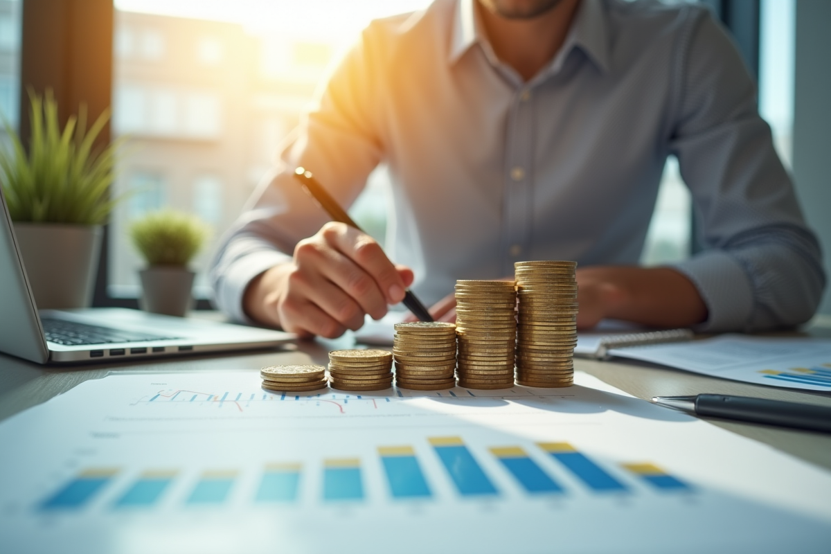 Jeune professionnel analysant des graphiques financiers et des pièces