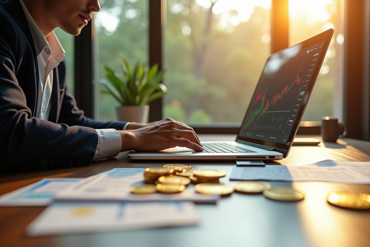 Jeune professionnel étudiant le marché crypto sur un bureau lumineux