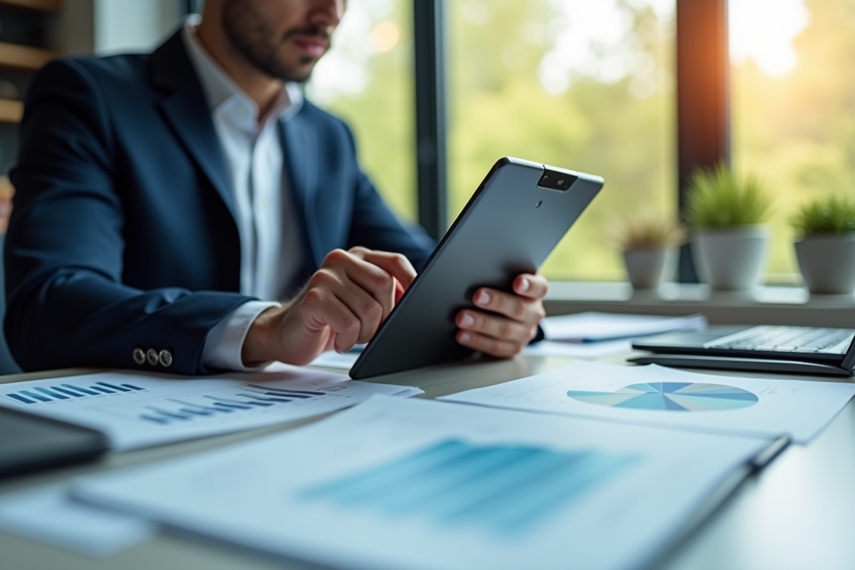 Jeune professionnel analysant des graphiques financiers sur une tablette