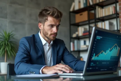 Jeune homme en costume analysant un graphique digital