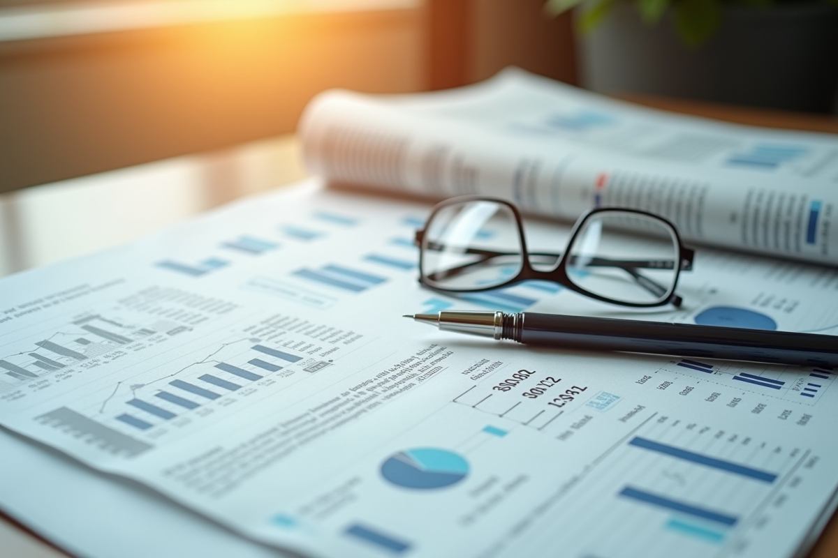 Journal financier ouvert avec lunettes et stylo sur une table